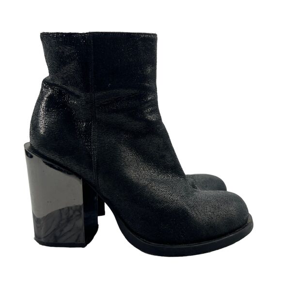 Giampaolo Bootie Women 38 Crinkle Gloss Black Reflective Square Heel Ankle Boots - Picture 1 of 13